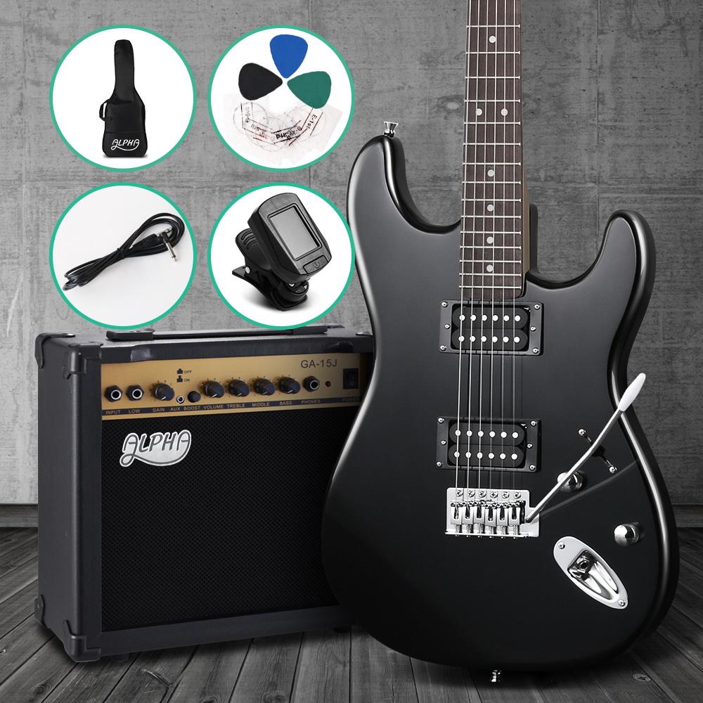 Alpha Electric Guitar in black with accessories including amplifier, whammy bar, and carry bag.