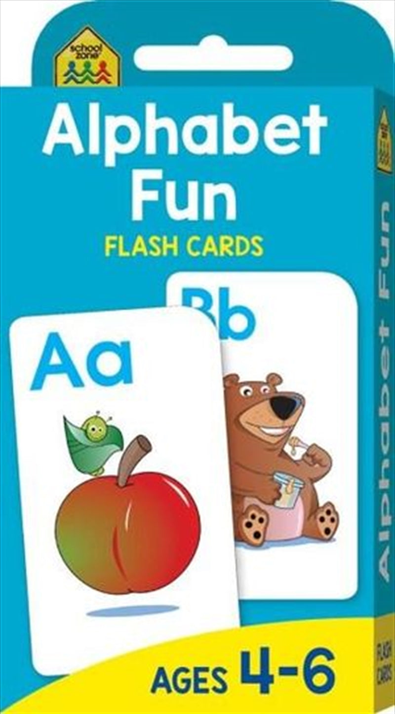 Colorful School Zone Alphabet Fun Flashcards featuring letters and corresponding images for engaging learning.