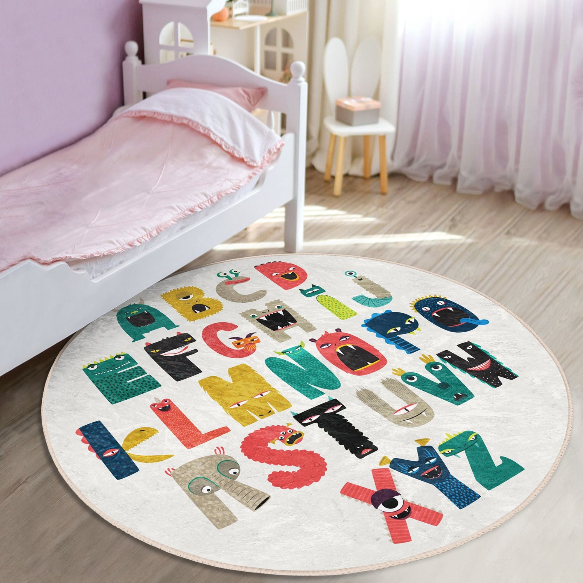 Colorful Alphabet Pattern Kids' Room Washable Rug featuring soft velvet fabric, perfect for play and study areas.