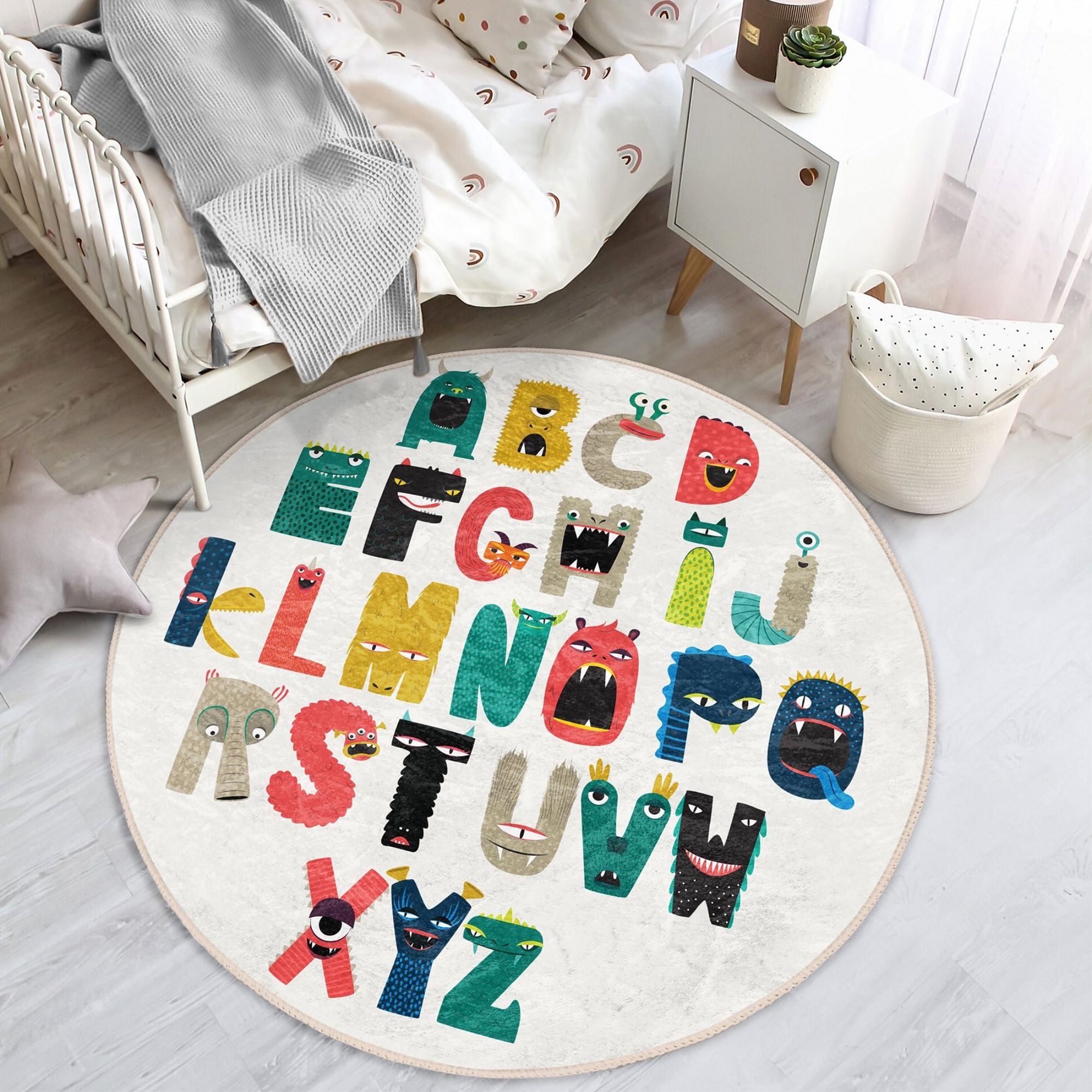 Colorful Alphabet Pattern Kids' Room Washable Rug featuring soft velvet fabric, perfect for play and study areas.