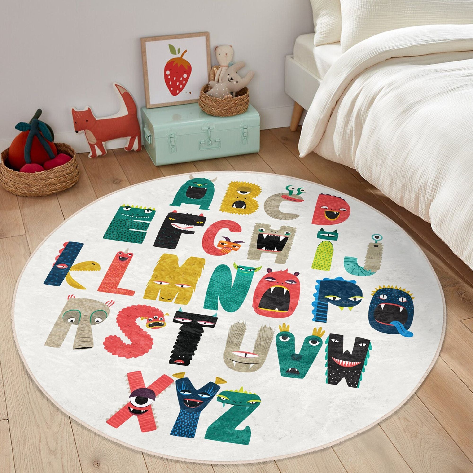 Colorful Alphabet Pattern Kids' Room Washable Rug featuring soft velvet fabric, perfect for play and study areas.