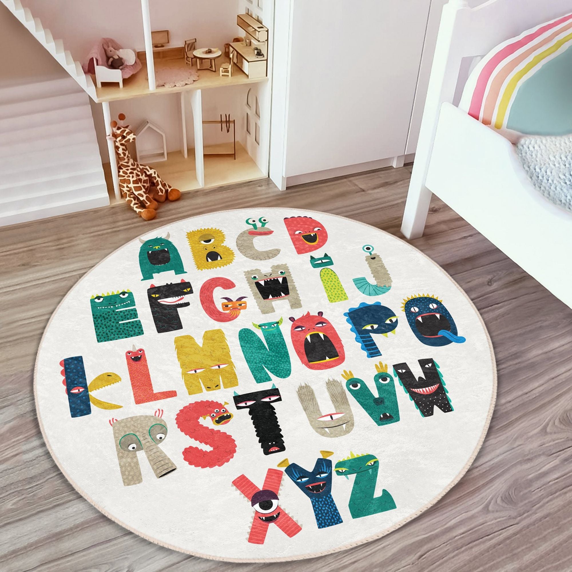 Colorful Alphabet Pattern Kids' Room Washable Rug featuring soft velvet fabric, perfect for play and study areas.