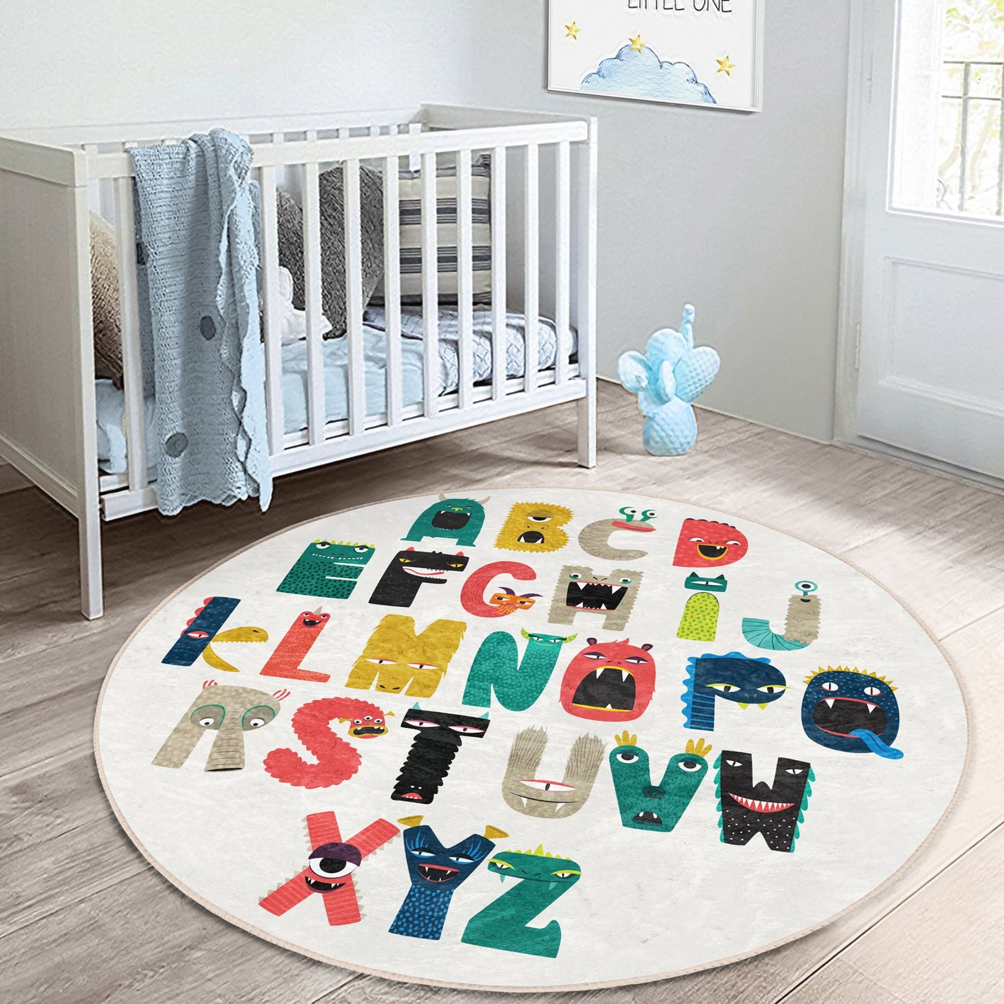 Colorful Alphabet Pattern Kids' Room Washable Rug featuring soft velvet fabric, perfect for play and study areas.