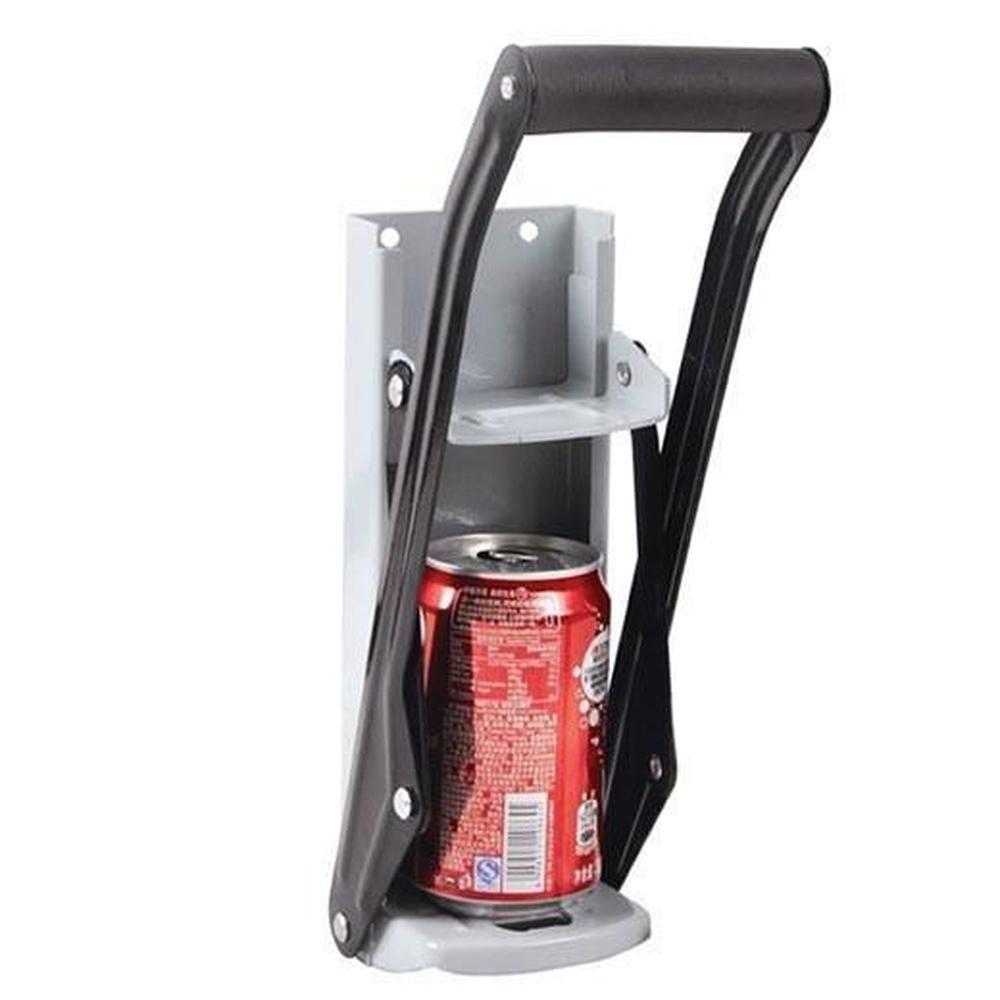 Aluminium Can Crusher designed for 16oz cans, featuring a sturdy steel construction and foam grip handle, mounted on a wall.