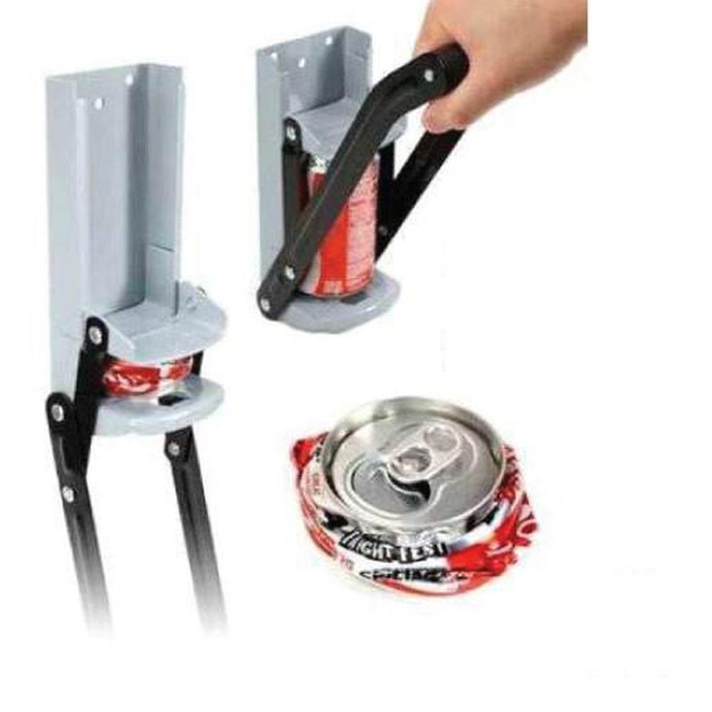 Aluminium Can Crusher designed for 16oz cans, featuring a sturdy steel construction and foam grip handle, mounted on a wall.