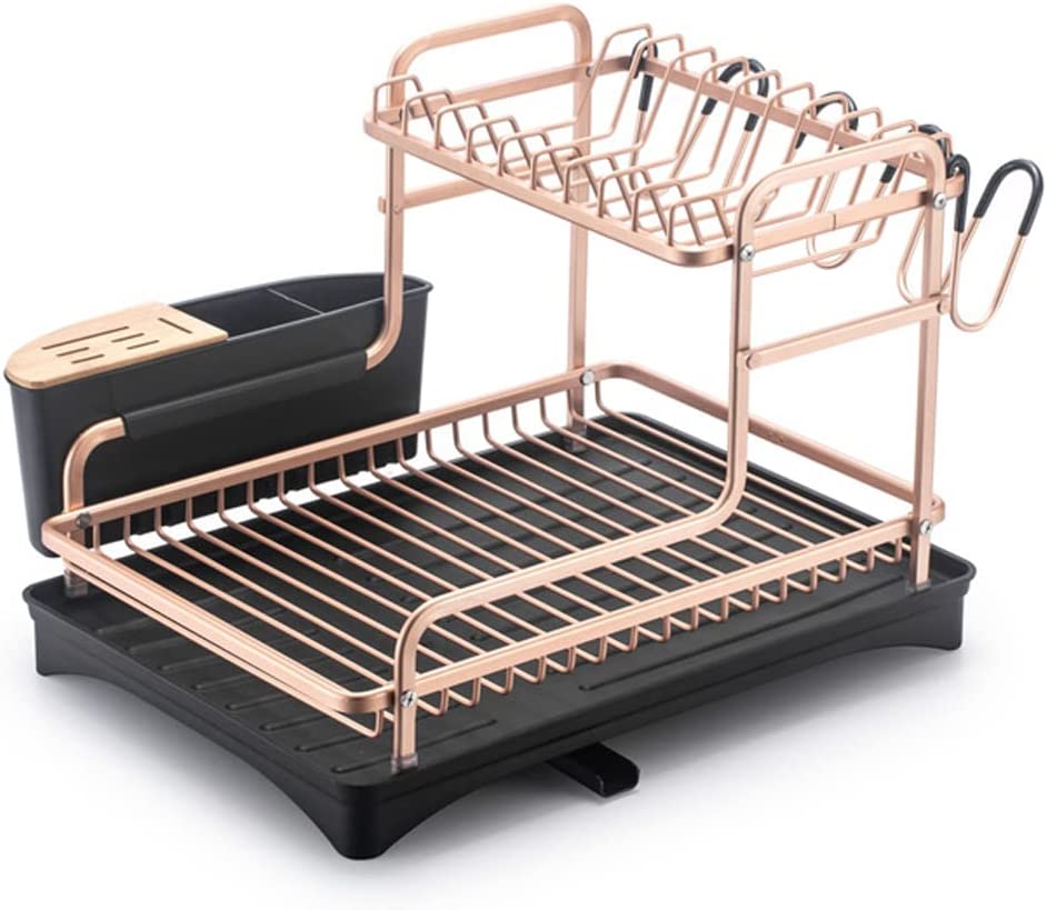 Aluminum dish drying rack with removable cutlery holder and cup holder, showcasing its sleek design and large capacity for dishes and utensils.