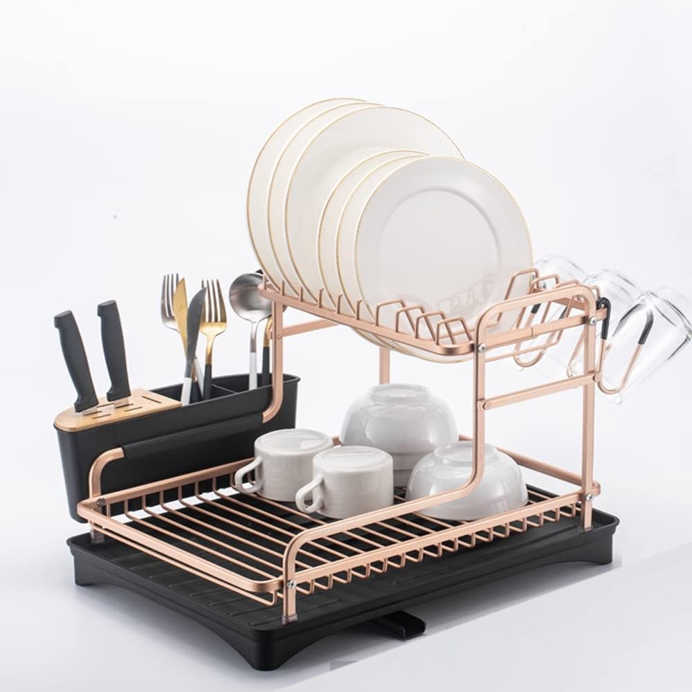 Aluminum dish drying rack with removable cutlery holder and cup holder, showcasing its sleek design and large capacity for dishes and utensils.