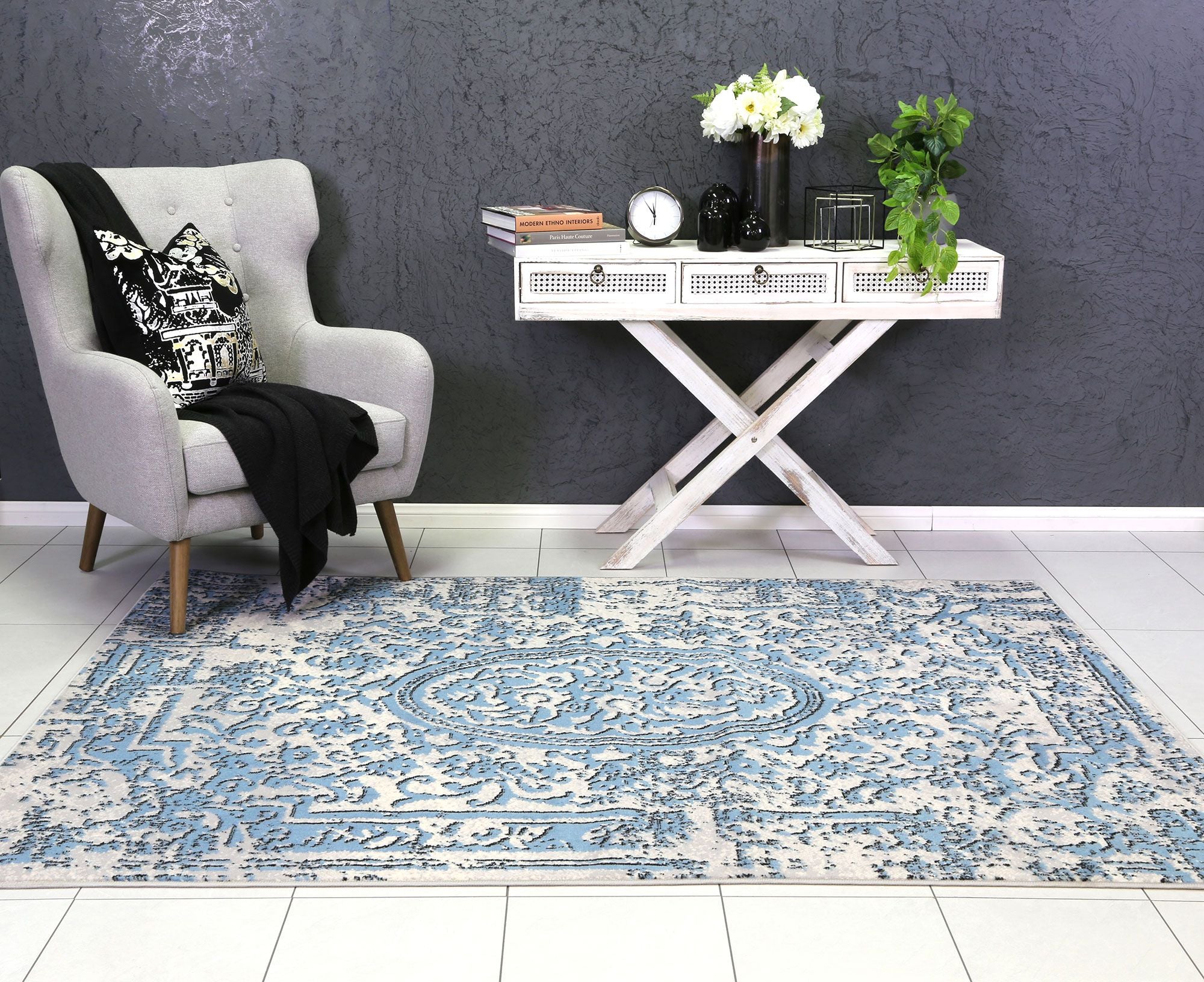 Allure Classic Vintage Blue Rug measuring 80x300 cm, featuring a beautiful vintage design with a plush texture, perfect for indoor spaces.