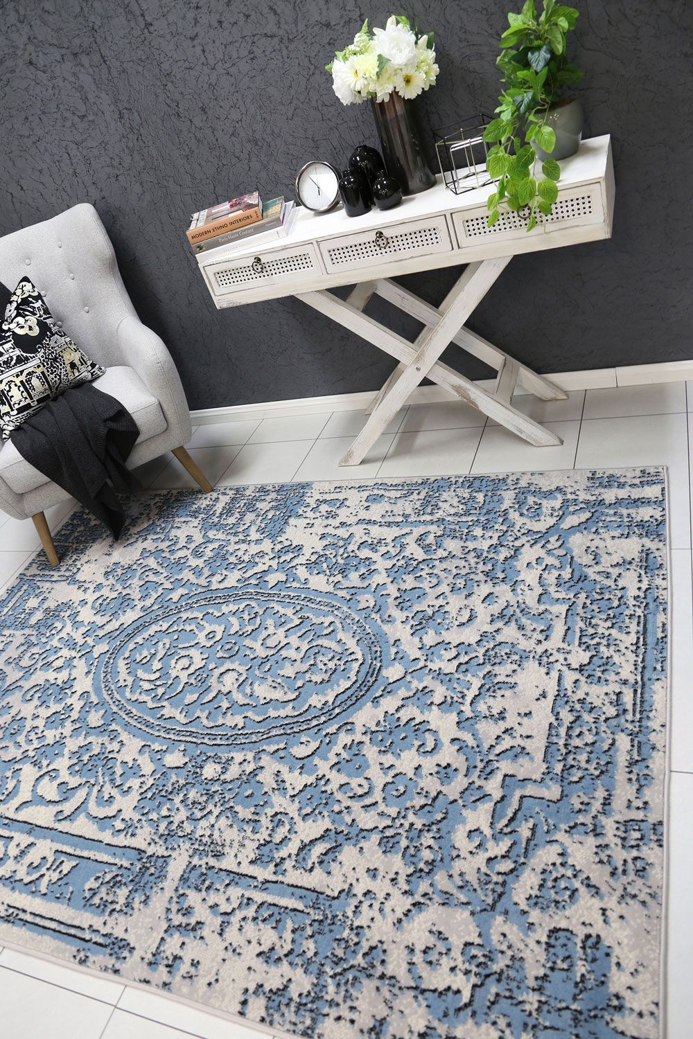 Allure Classic Vintage Blue Rug measuring 80x300 cm, featuring a beautiful vintage design with a plush texture, perfect for indoor spaces.