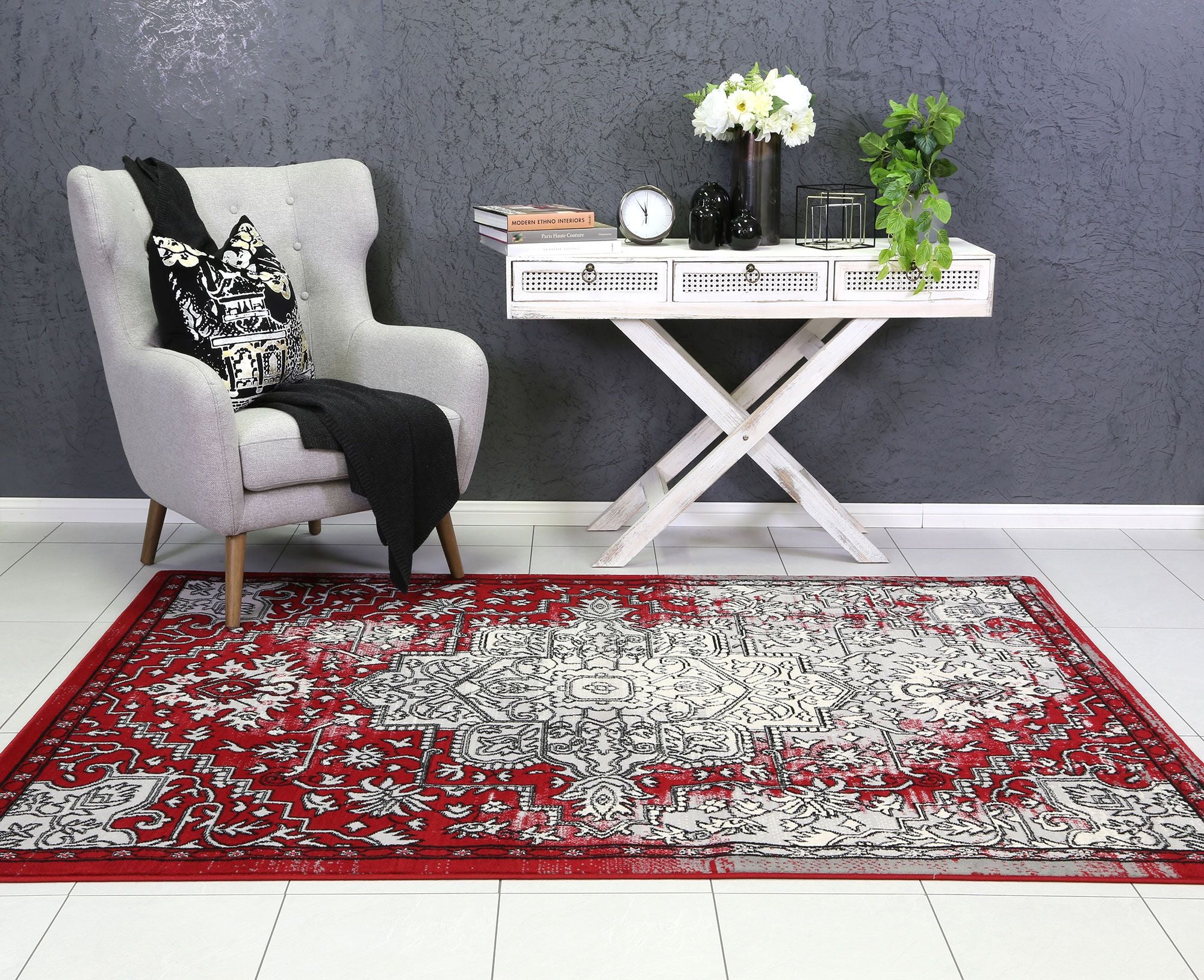 Allure Distressed Vintage Grey Red Rug measuring 200x290 cm, featuring a stylish vintage design with a soft texture.