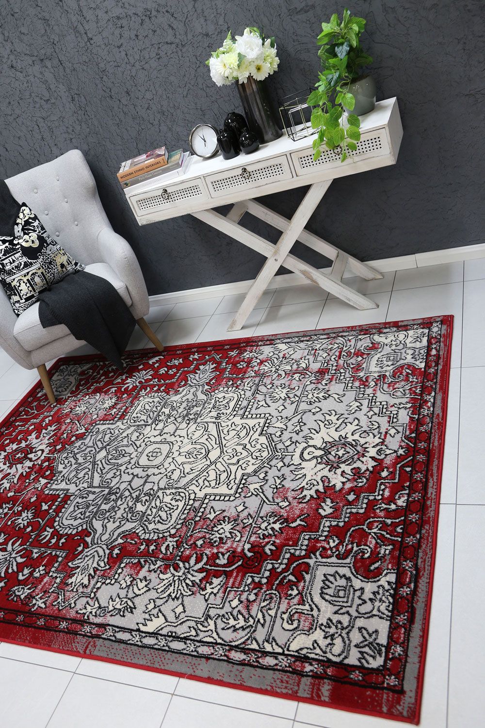 Allure Distressed Vintage Grey Red Rug measuring 200x290 cm, featuring a stylish vintage design with a soft texture.