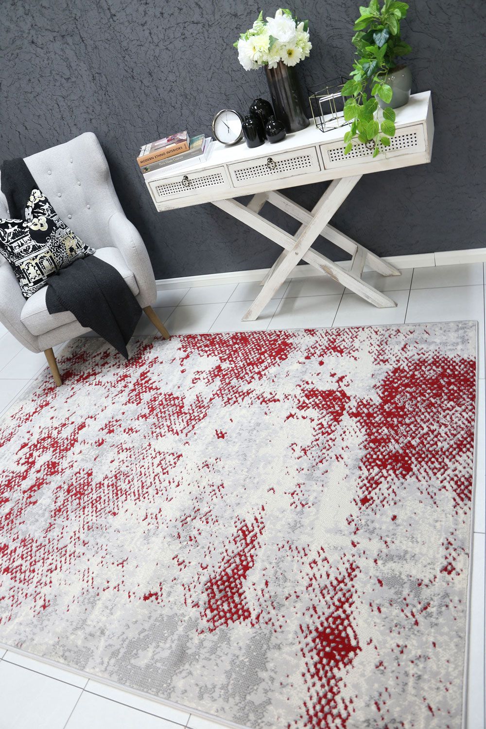 Allure Modern Abstract Red Rug measuring 160x220 cm, featuring a vibrant abstract design with a soft texture, perfect for indoor spaces.