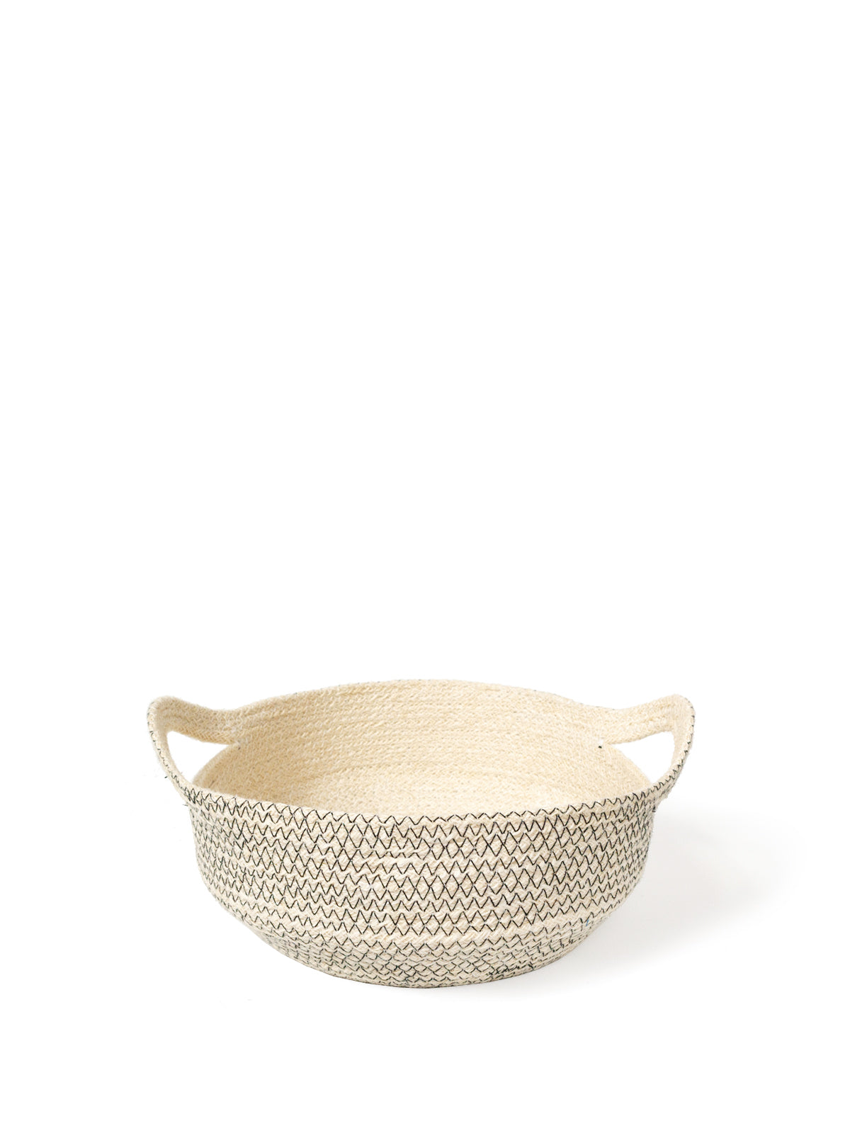 Amari Fruit Bowl in black with off-white jute, handwoven and featuring elegant stitching, perfect for fruit or decorative use.