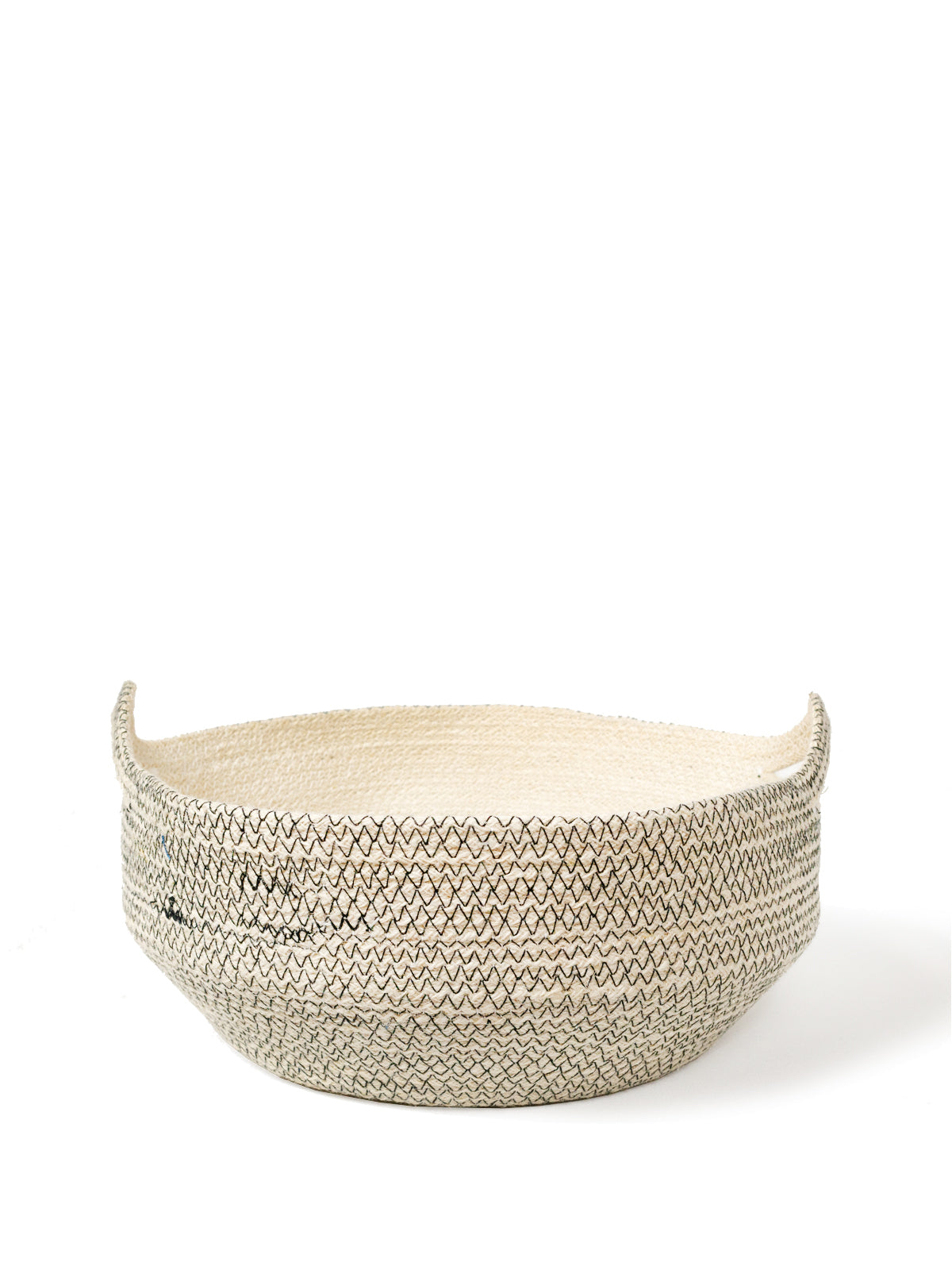 Amari Fruit Bowl in black with off-white jute, handwoven and featuring elegant stitching, perfect for fruit or decorative use.