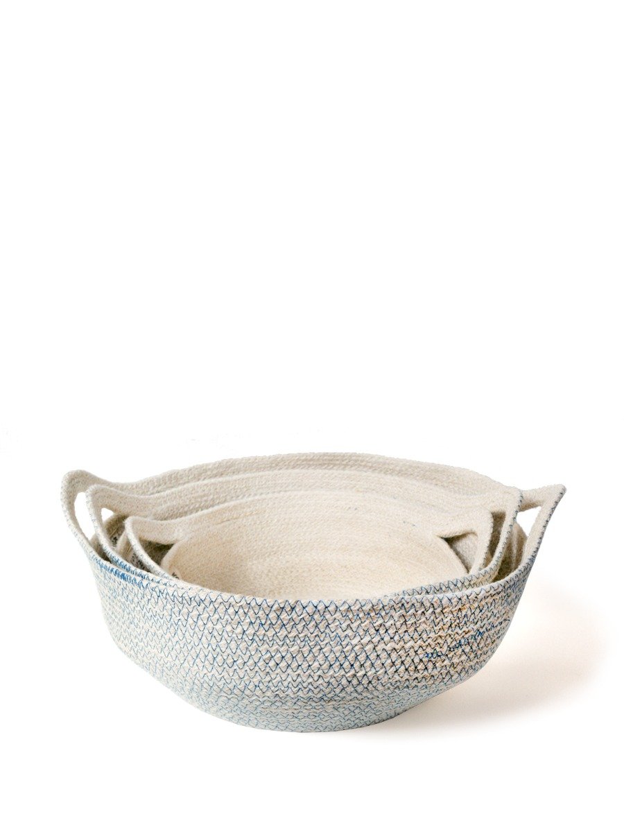 Amari Fruit Bowl in blue stitching, handwoven jute basket, stylish and eco-friendly storage solution.