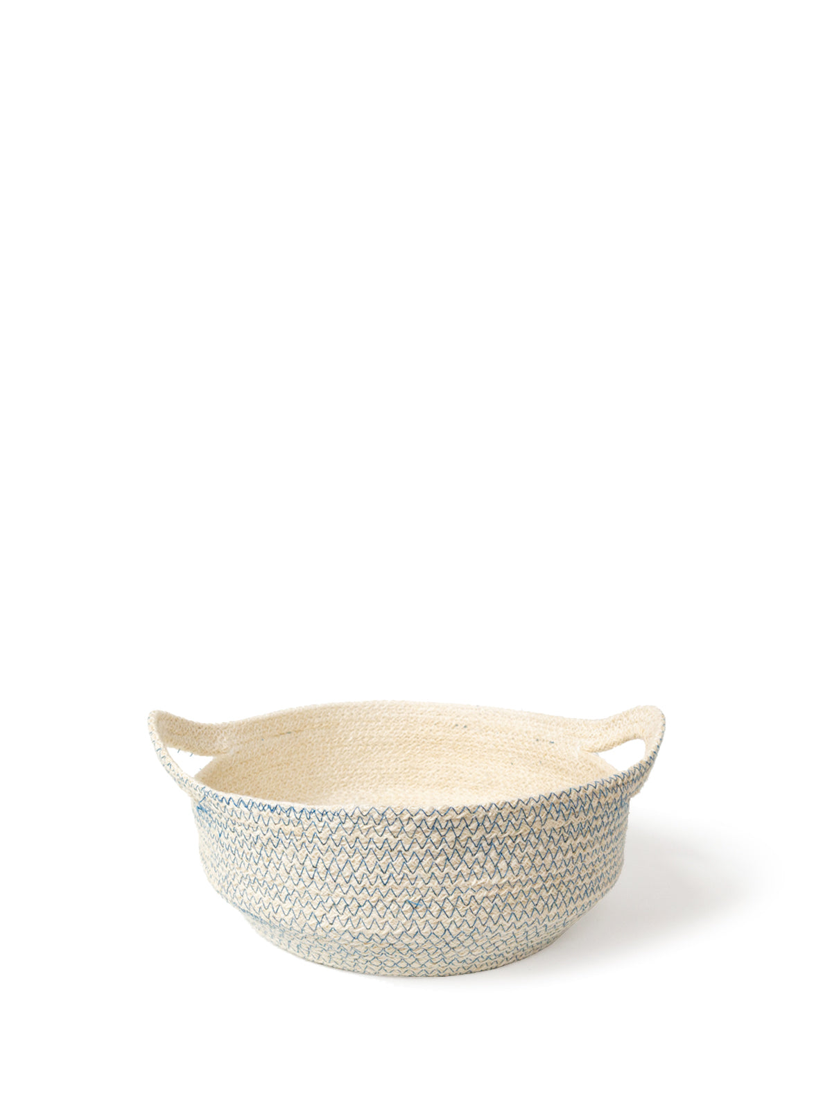 Amari Fruit Bowl in blue stitching, handwoven jute basket, stylish and eco-friendly storage solution.