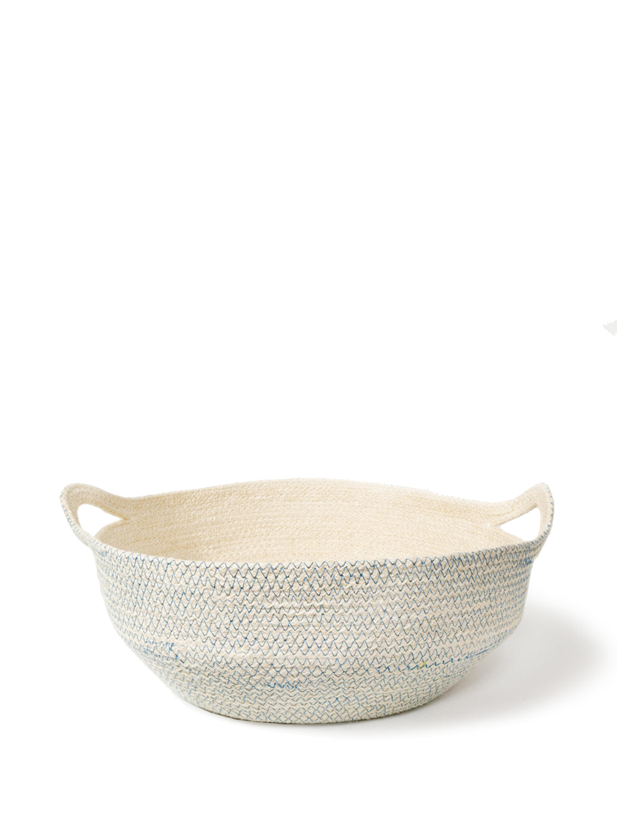 Amari Fruit Bowl in blue stitching, handwoven jute basket, stylish and eco-friendly storage solution.