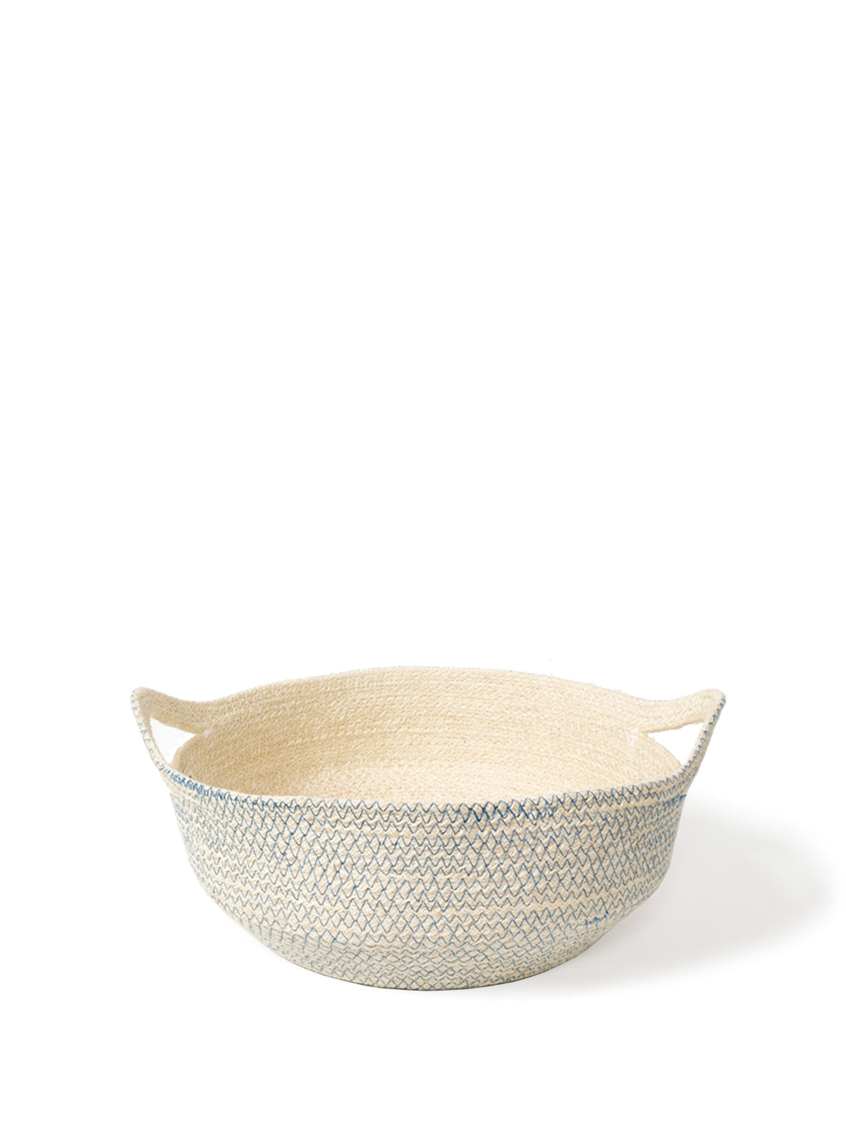 Amari Fruit Bowl in blue stitching, handwoven jute basket, stylish and eco-friendly storage solution.