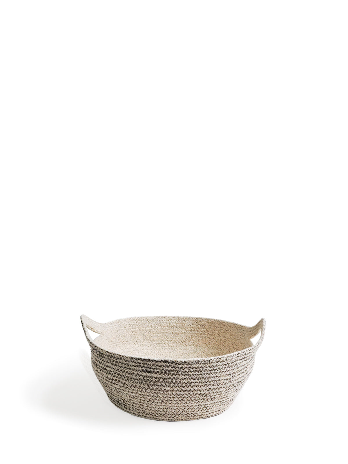 Amari Fruit Bowl in brown, handwoven jute with black stitching, showcasing its elegant design and craftsmanship.