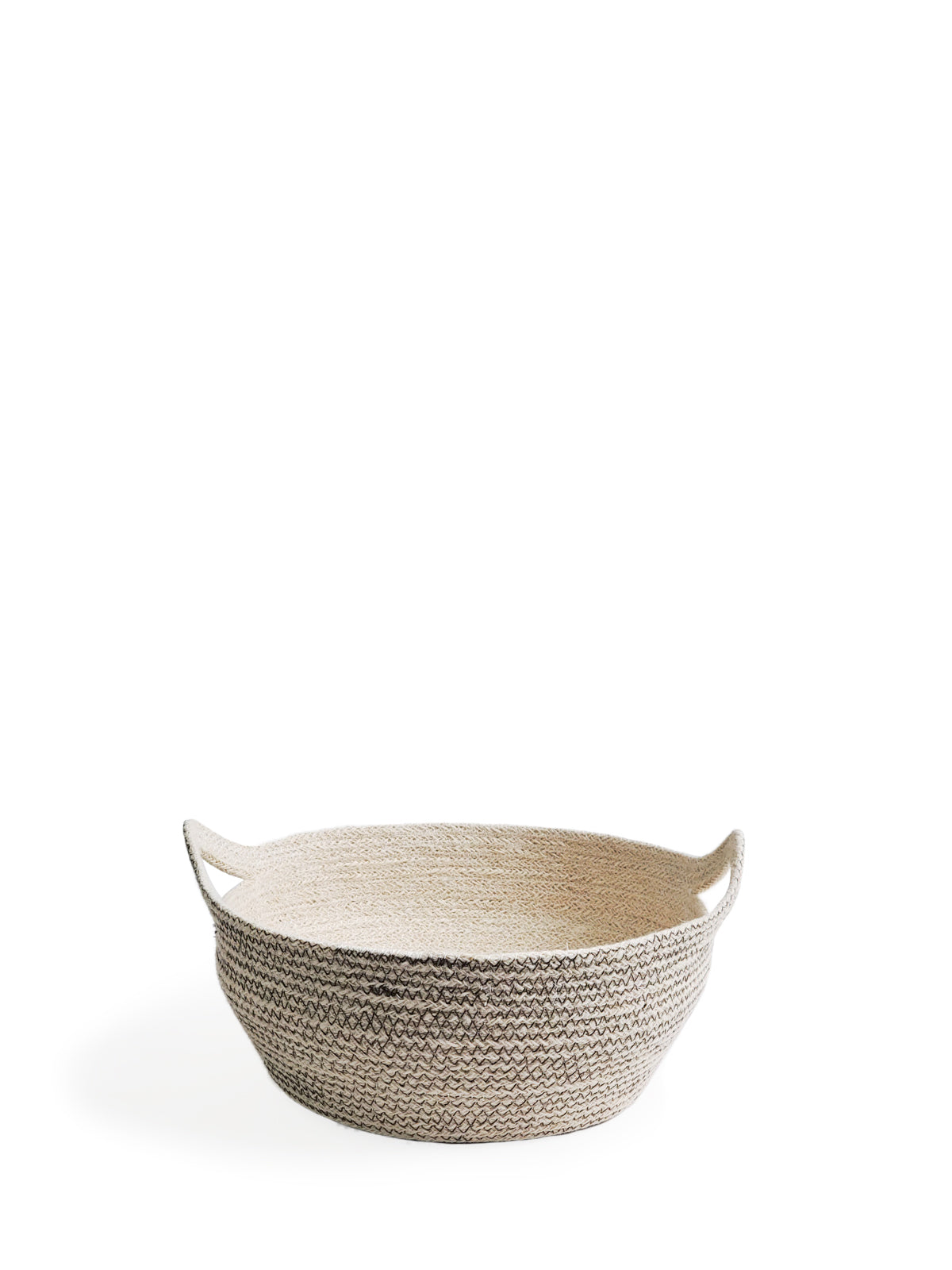 Amari Fruit Bowl in brown, handwoven jute with black stitching, showcasing its elegant design and craftsmanship.