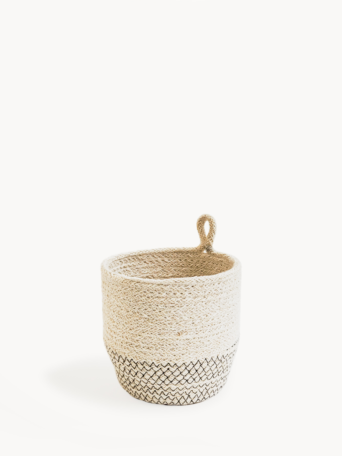 Amari Loop Bin in black with three thin bud vases, showcasing its handcrafted jute design.