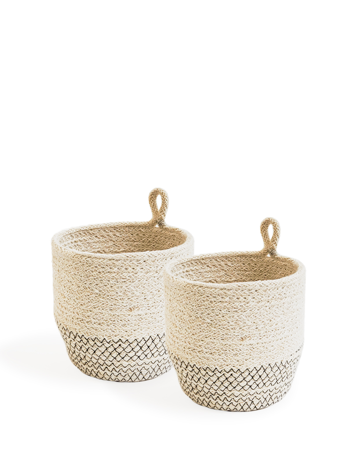 Amari Loop Bin in black with three thin bud vases, showcasing its handcrafted jute design.