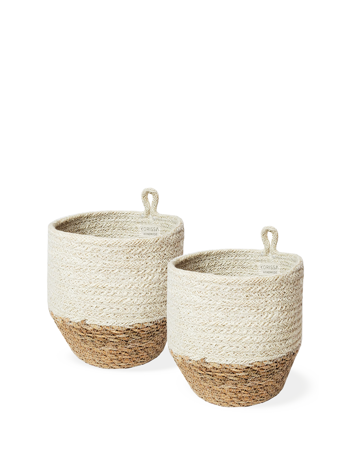 Amari Loop Bin in natural jute and seagrass, showcasing its round shape and off-white color, perfect for stylish storage.