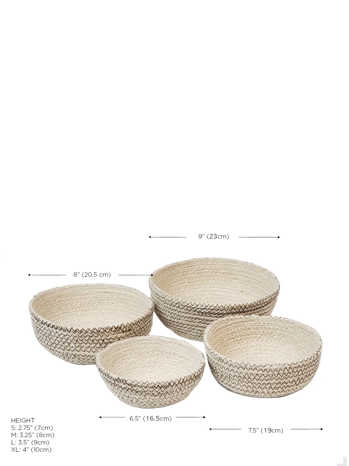 Set of four Amari Round Bowls in off-white with brown stitching, showcasing their handcrafted design and various sizes.