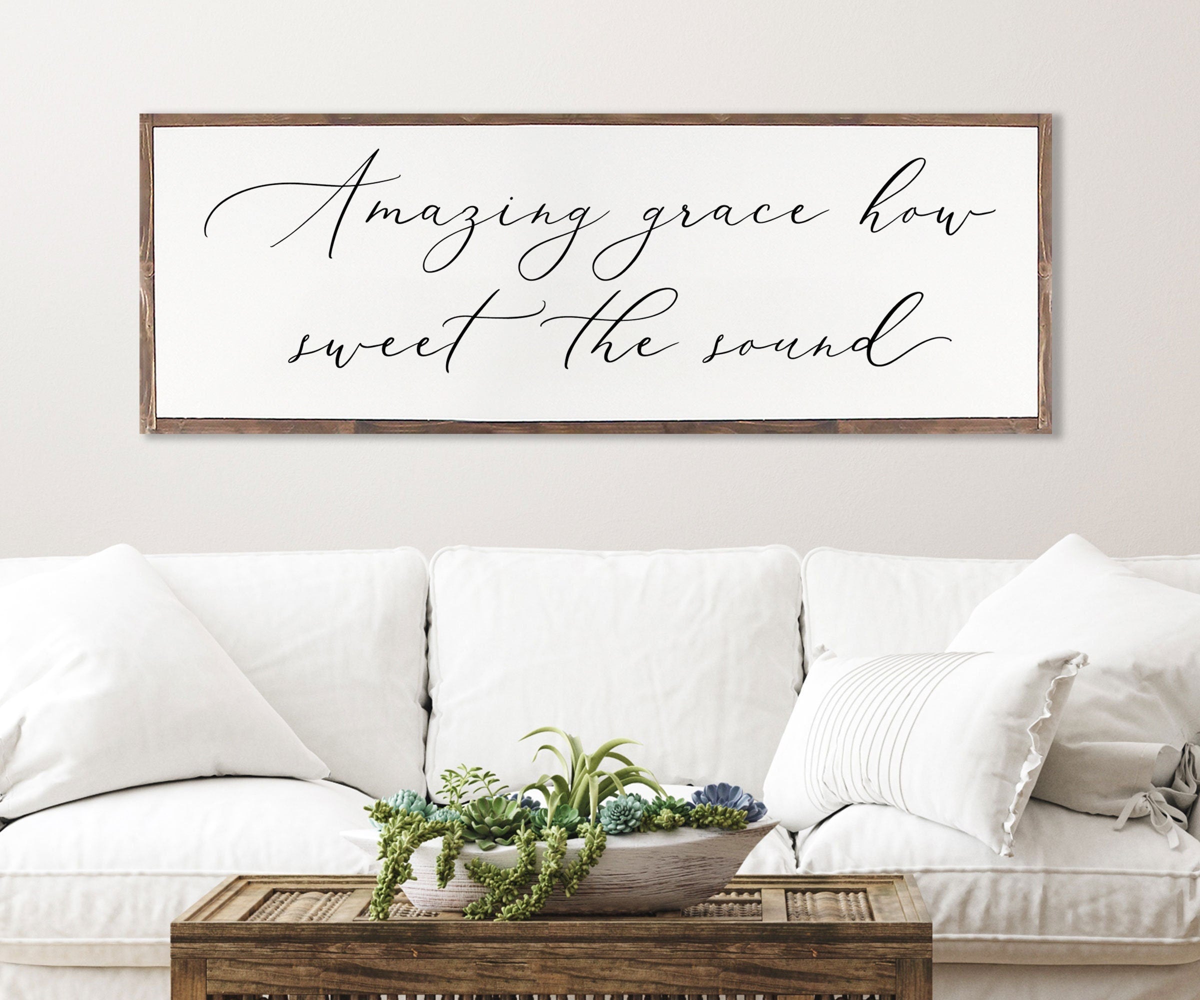 Rustic wood sign featuring 'Amazing Grace How Sweet The Sound' in a farmhouse style, framed and stained in customizable colors.