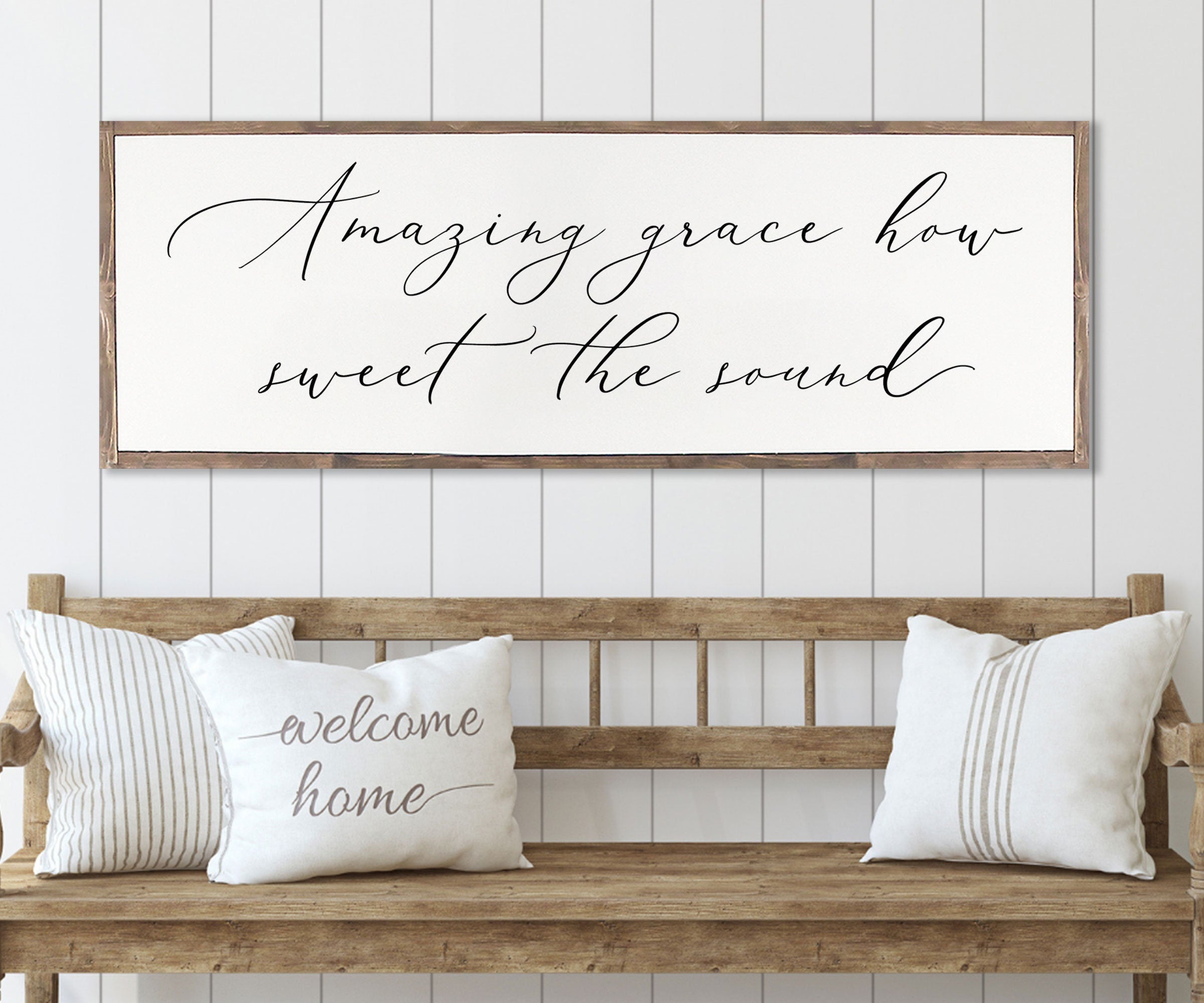 Rustic wood sign featuring 'Amazing Grace How Sweet The Sound' in a farmhouse style, framed and stained in customizable colors.