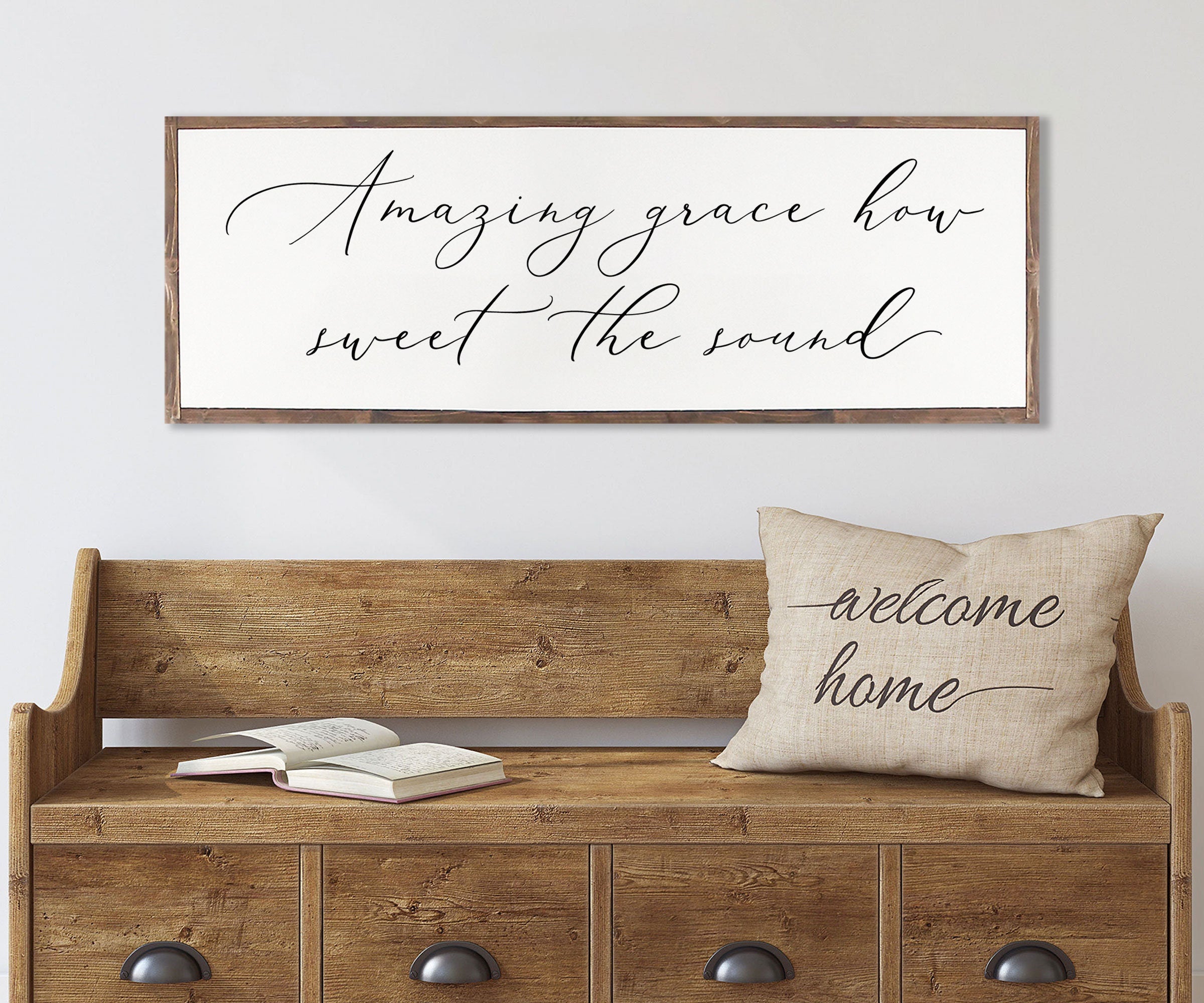 Rustic wood sign featuring 'Amazing Grace How Sweet The Sound' in a farmhouse style, framed and stained in customizable colors.