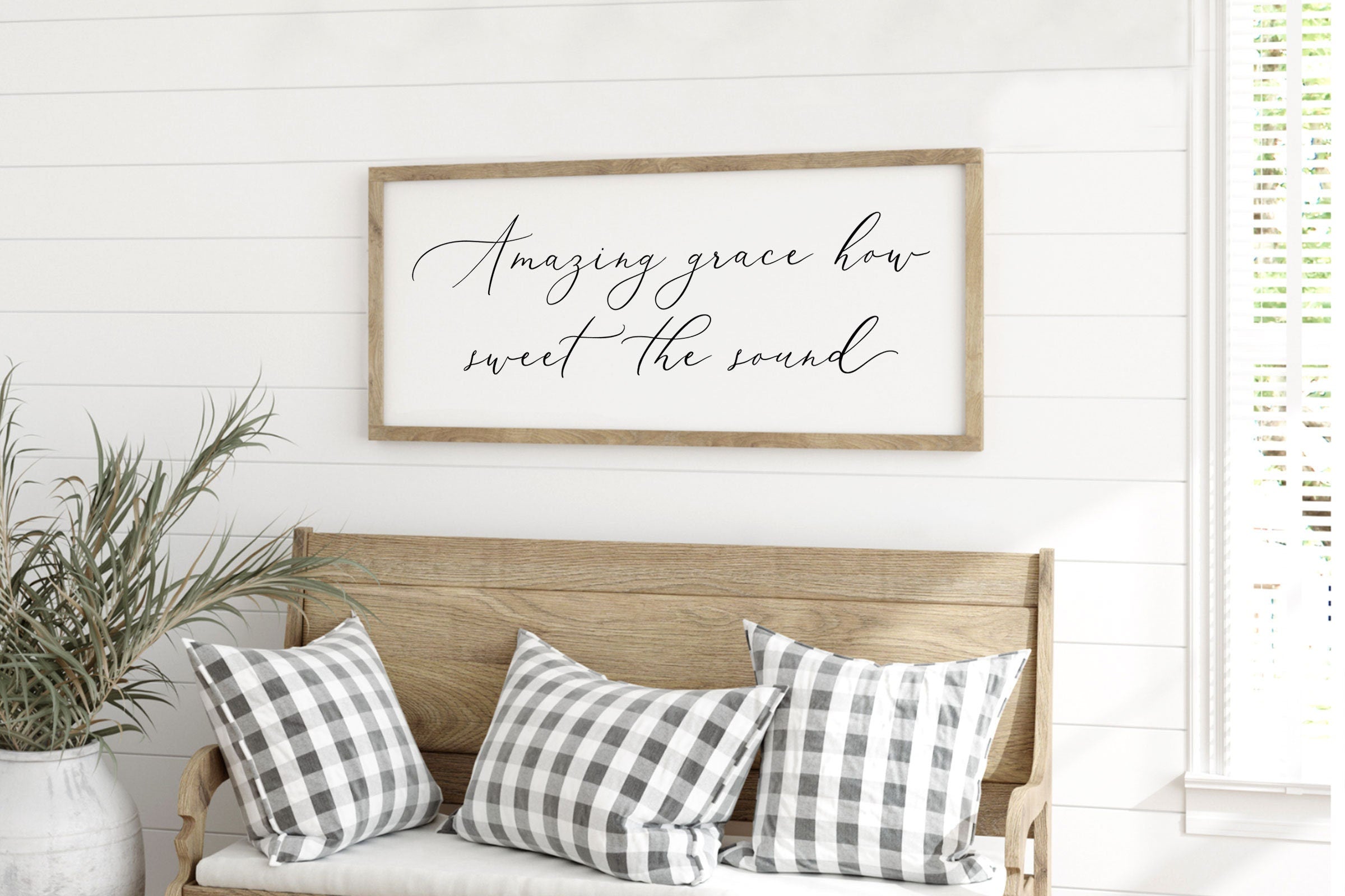 Rustic wood sign featuring 'Amazing Grace How Sweet The Sound' in a farmhouse style, framed and stained in customizable colors.