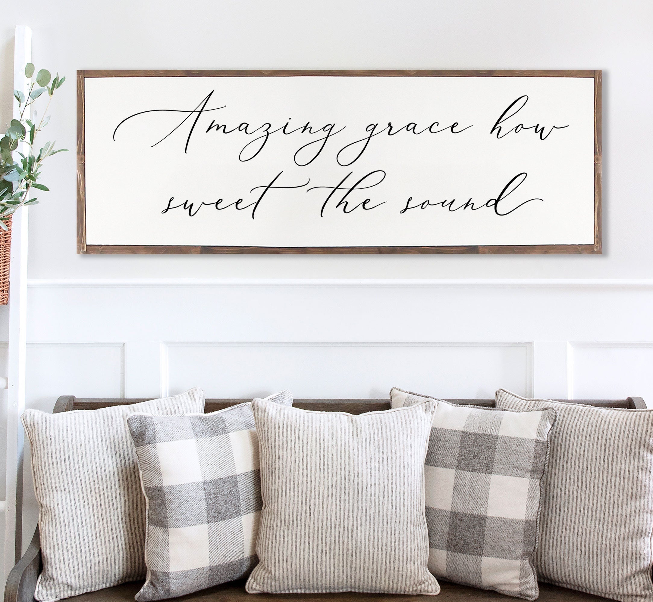 Rustic wood sign featuring 'Amazing Grace How Sweet The Sound' in a farmhouse style, framed and stained in customizable colors.