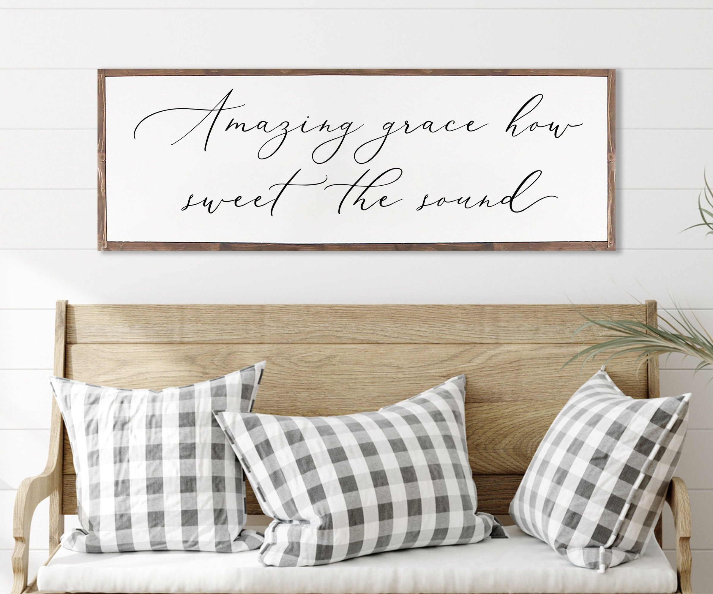 Rustic wood sign featuring 'Amazing Grace How Sweet The Sound' in a farmhouse style, framed and stained in customizable colors.