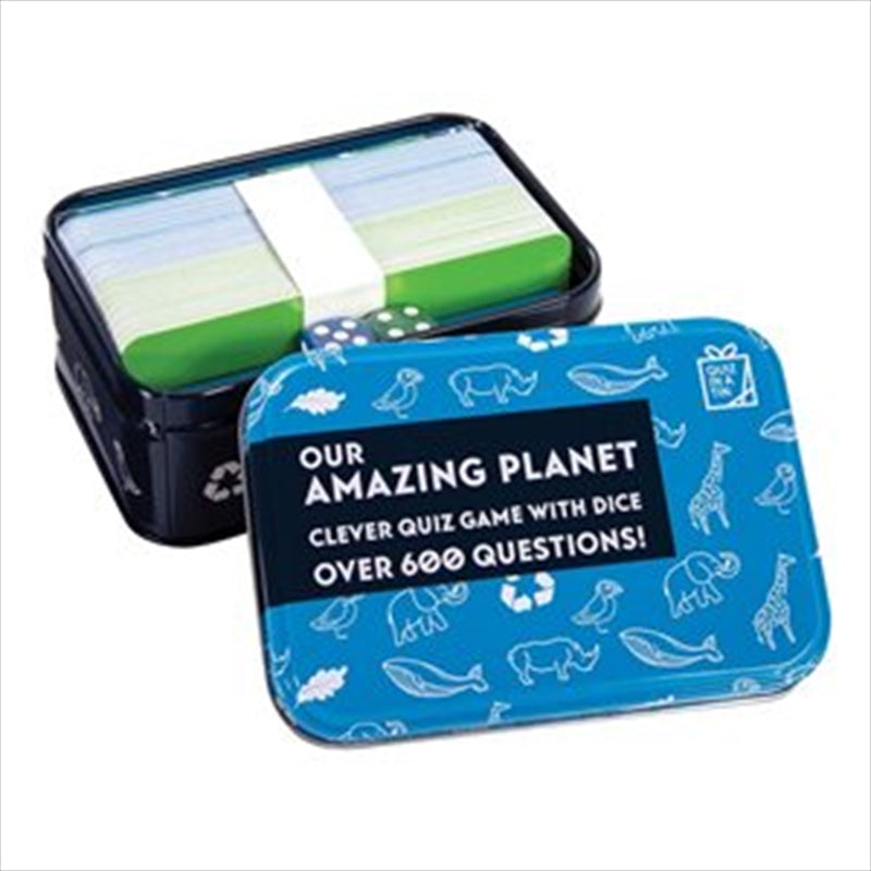 Amazing Planet quiz game in a compact tin featuring nature-themed questions.