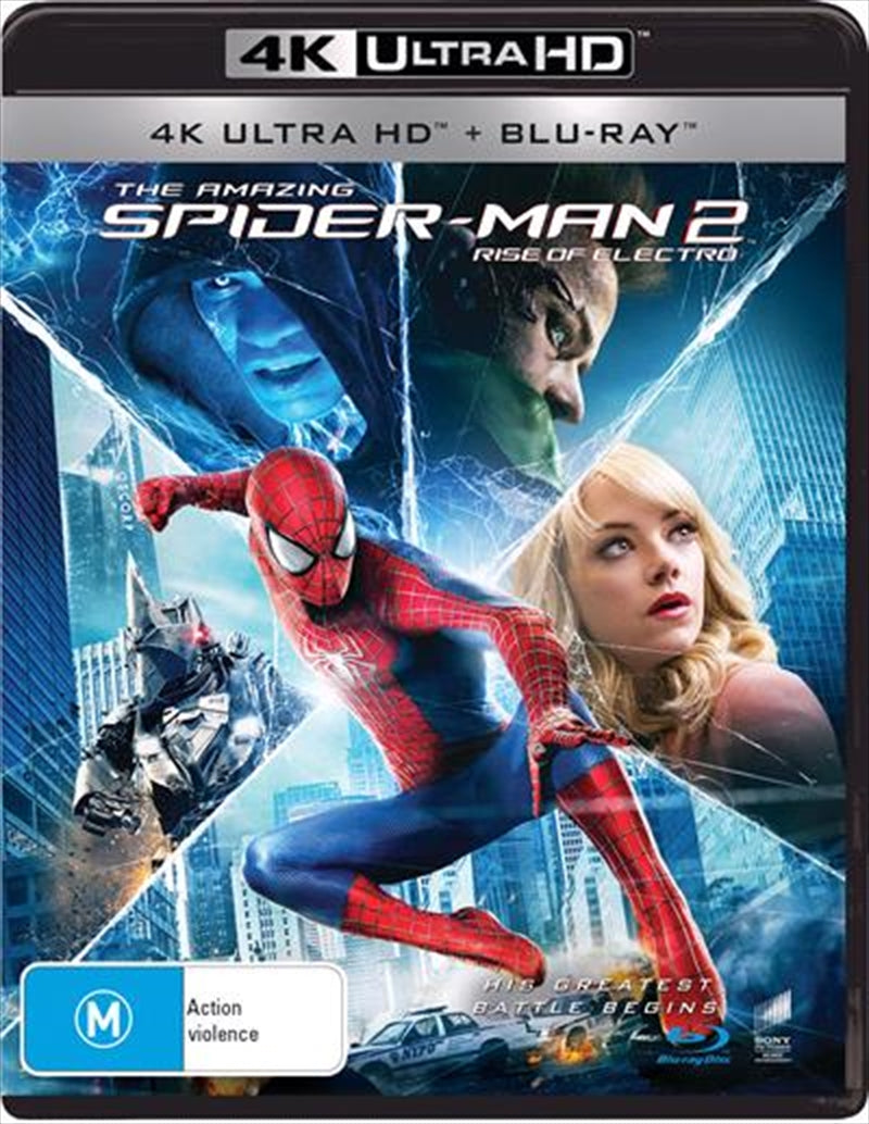 The Amazing Spider-Man 2 Blu-ray + UHD cover featuring Spider-Man in action against Electro with vibrant colors and dynamic design.