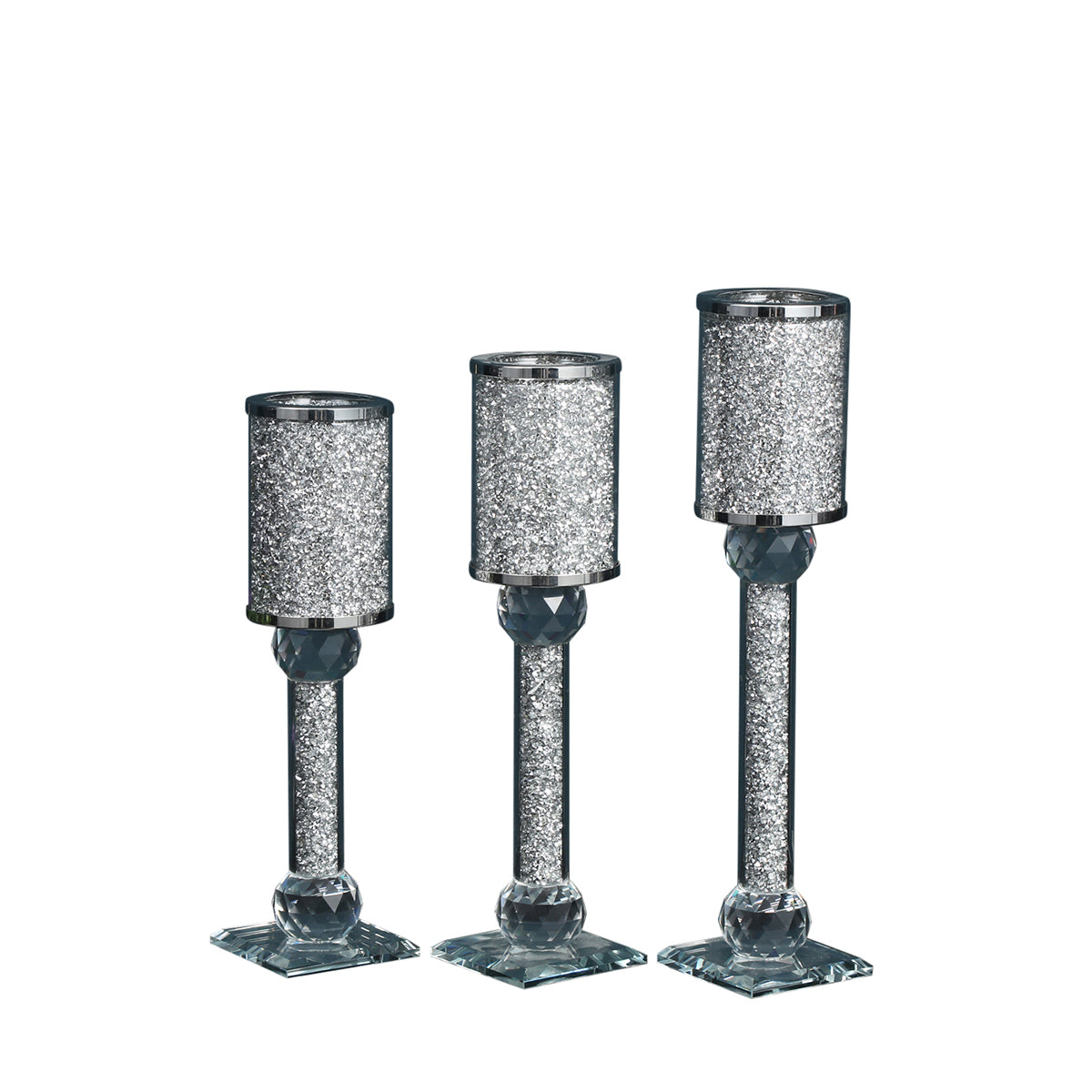 Ambrose 3 Candles Holder Set featuring silver crushed diamonds glass, showcasing three elegant candle holders in varying heights.