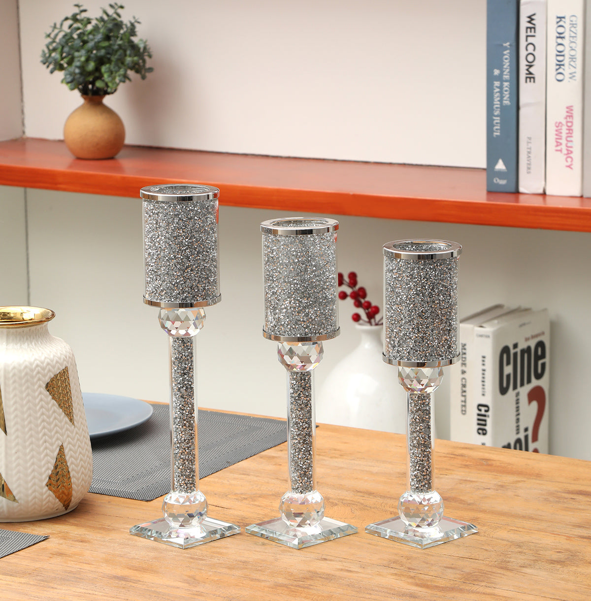 Ambrose 3 Candles Holder Set featuring silver crushed diamonds glass, showcasing three elegant candle holders in varying heights.