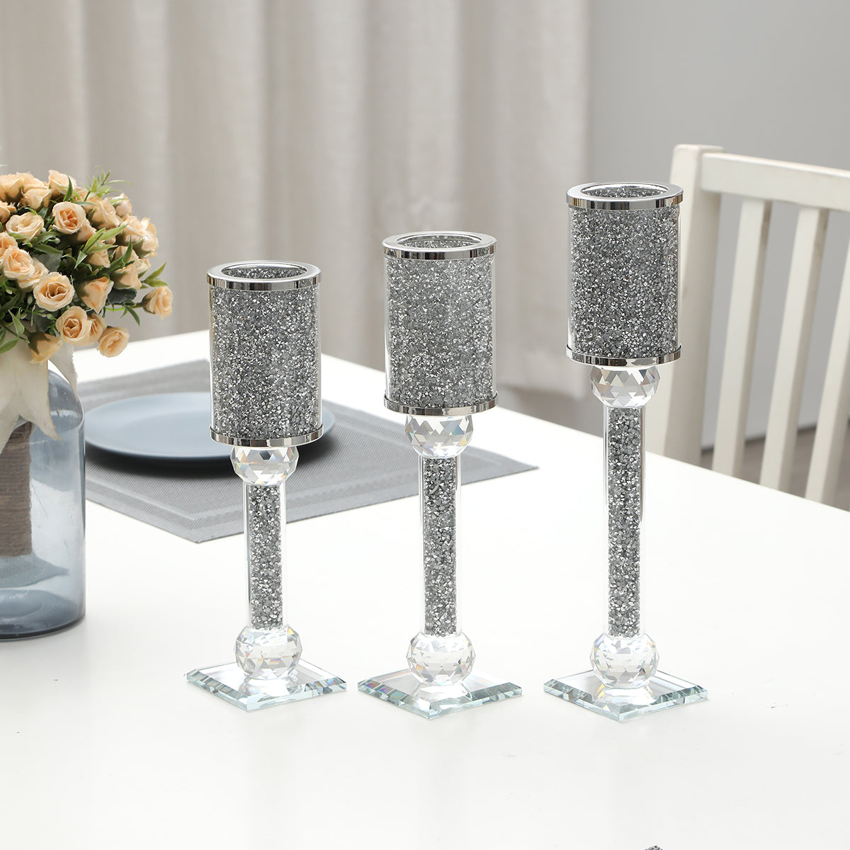 Ambrose 3 Candles Holder Set featuring silver crushed diamonds glass, showcasing three elegant candle holders in varying heights.