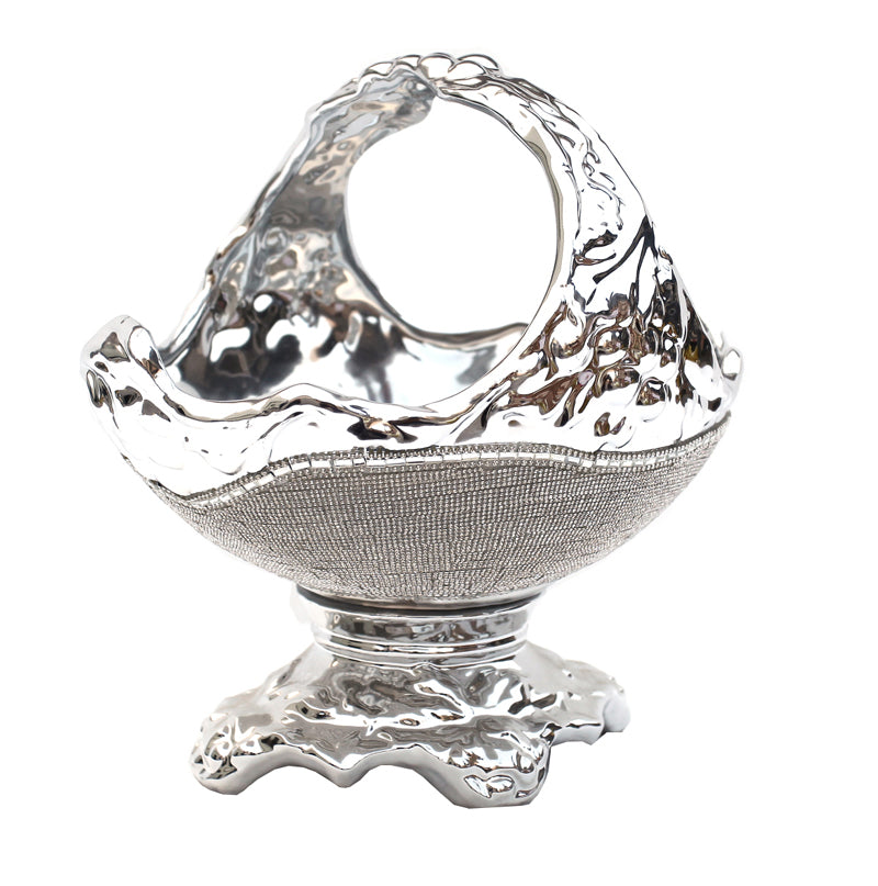 Ambrose Chrome Plated Ceramic Fruit Platter with crystal embellishments, elegantly designed for serving fruits and appetizers.