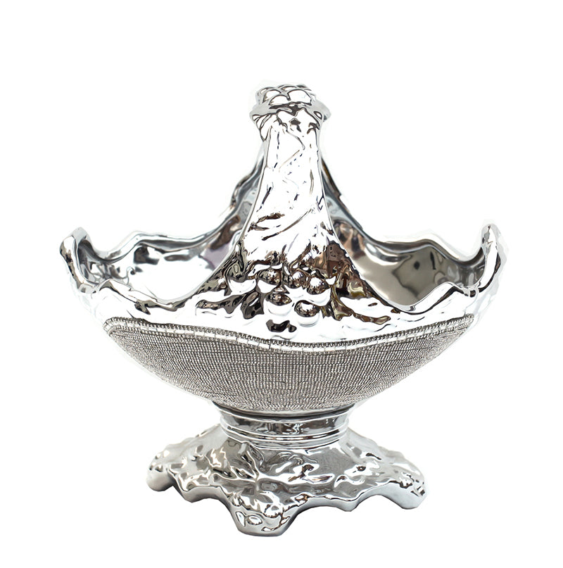 Ambrose Chrome Plated Ceramic Fruit Platter with crystal embellishments, elegantly designed for serving fruits and appetizers.