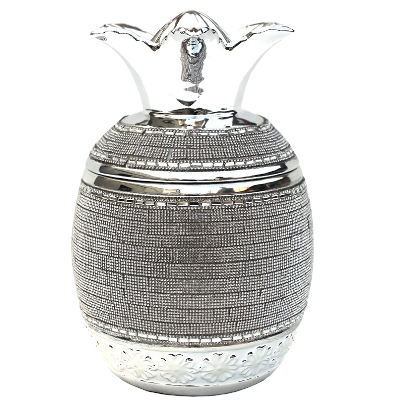 Ambrose Chrome Plated Crystal Embellished Lidded Ceramic Pineapple bowl with intricate crystal details and a shiny chrome finish.