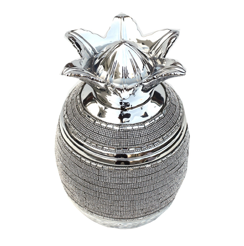 Ambrose Chrome Plated Crystal Embellished Lidded Ceramic Pineapple bowl with intricate crystal details and a shiny chrome finish.