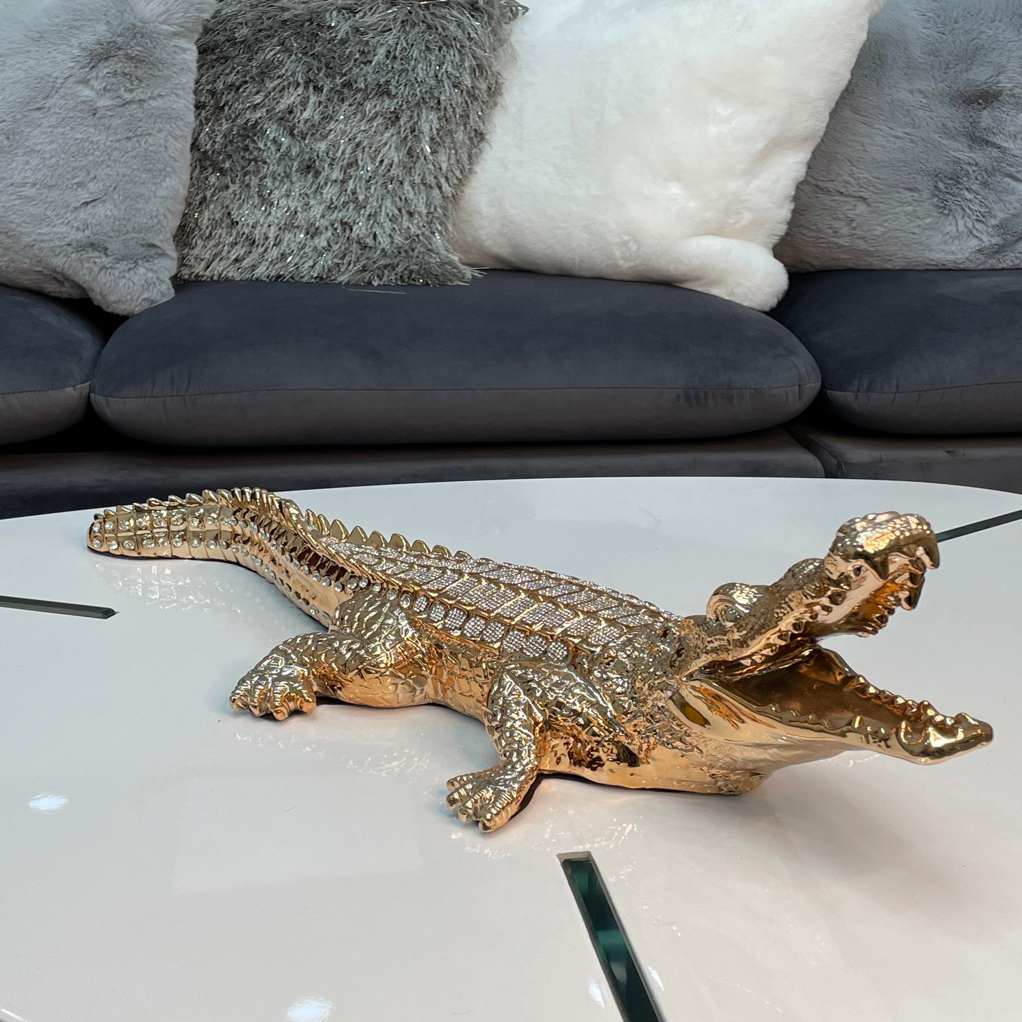 Ambrose Diamond Encrusted Gold Plated Crocodile figurine with crystal embellishments, showcasing luxury and elegance.