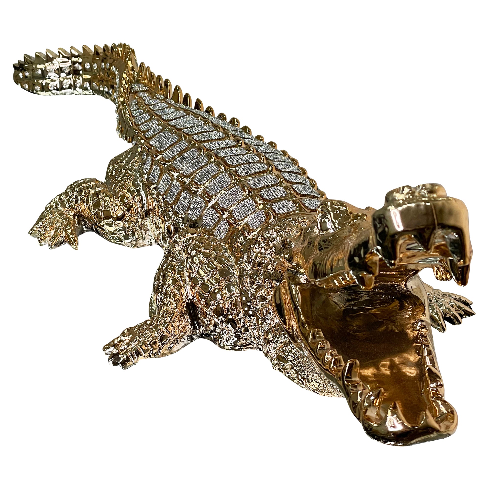 Ambrose Diamond Encrusted Gold Plated Crocodile figurine with crystal embellishments, showcasing luxury and elegance.