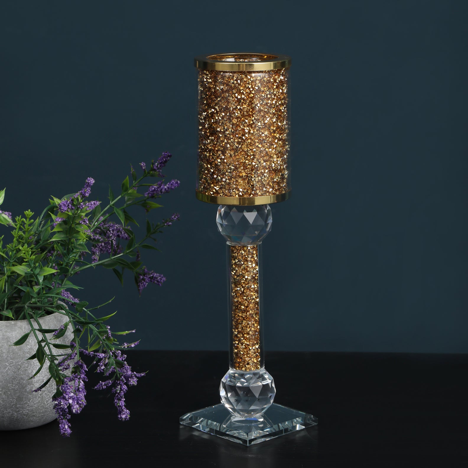 Ambrose Exquisite Candle Holder featuring gold crushed diamonds, elegantly displayed in a gift box.