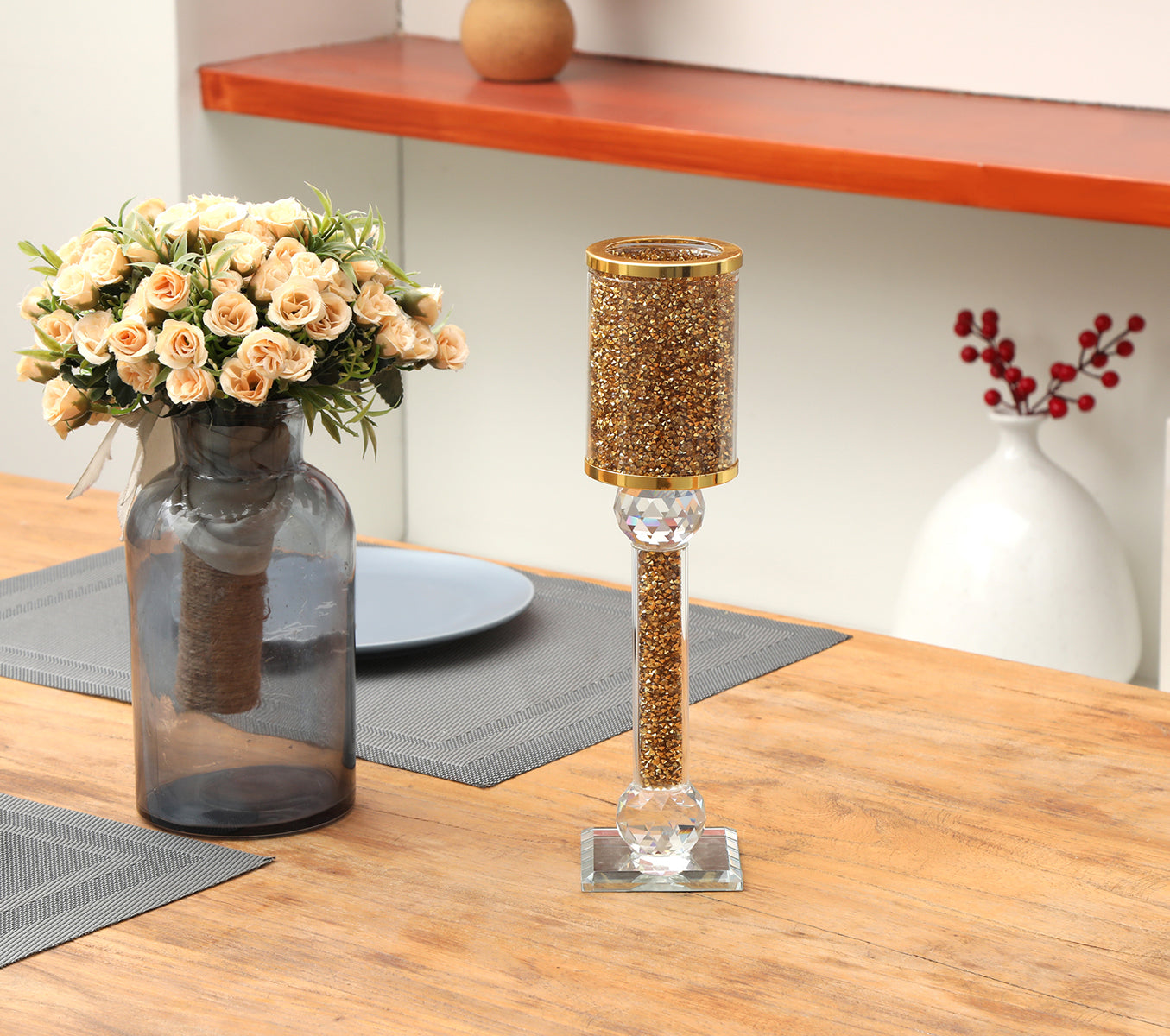 Ambrose Exquisite Candle Holder featuring gold crushed diamonds, elegantly displayed in a gift box.