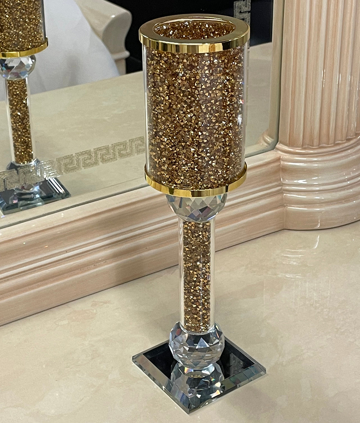 Ambrose Exquisite Candle Holder featuring gold crushed diamonds, elegantly displayed in a gift box.