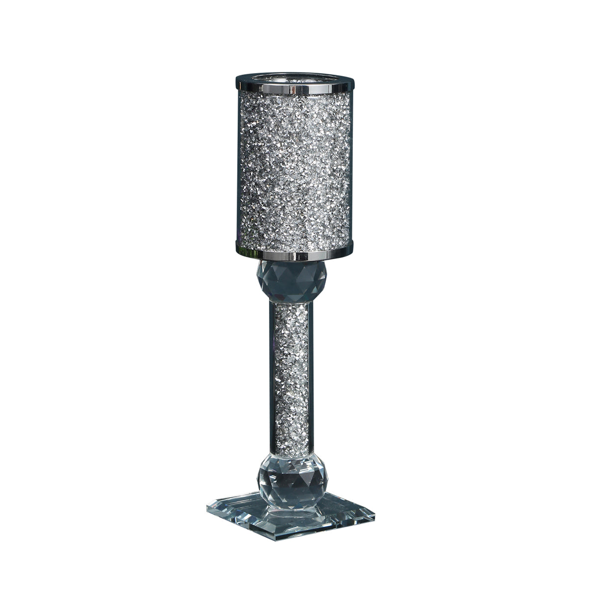 Ambrose Exquisite Candle Holder featuring silver crushed diamonds, elegantly displayed in a gift box.