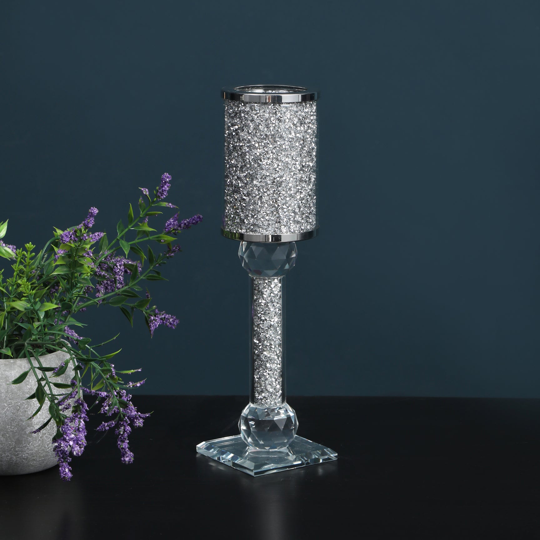 Ambrose Exquisite Candle Holder featuring silver crushed diamonds, elegantly displayed in a gift box.